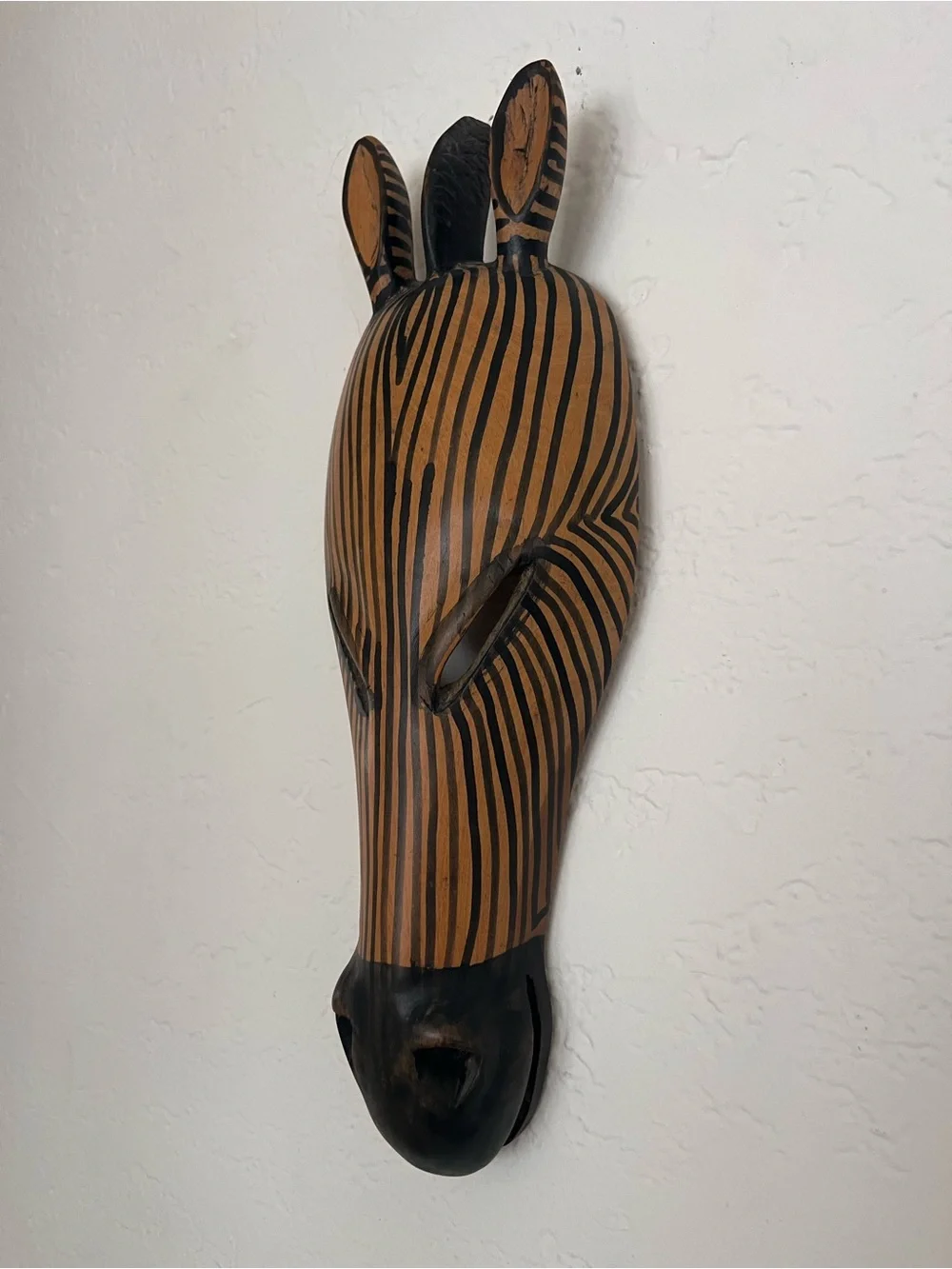 Vintage Hand-Carved Wooden Zebra Wall Mask - Black and Brown